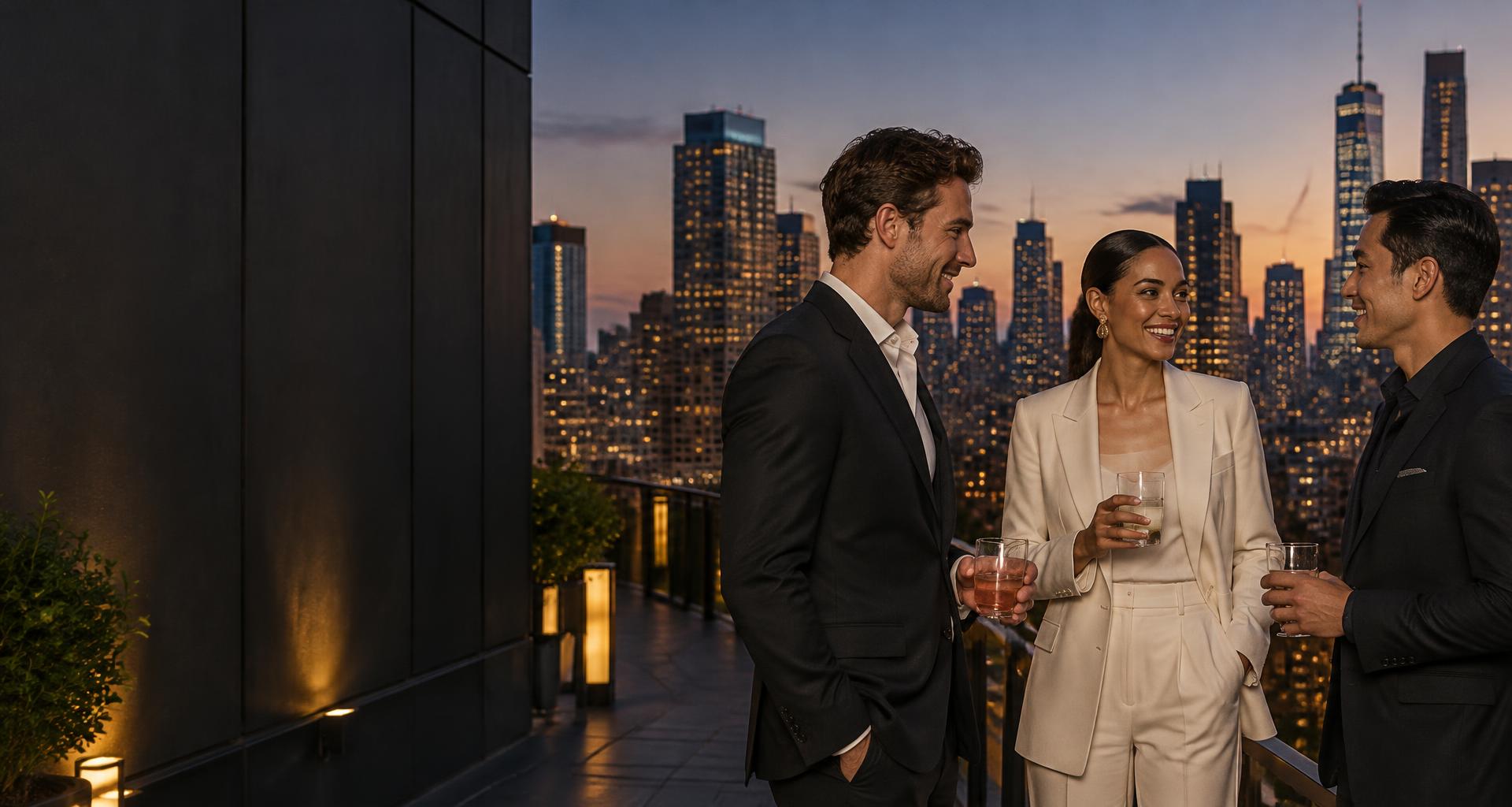 Three professionals connecting on a city rooftop at dusk